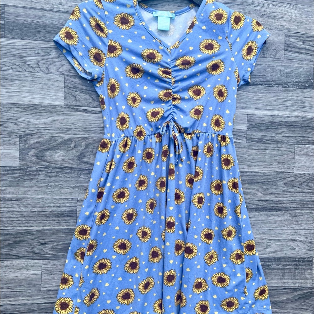 Sunflower Print Blue Kids Casual Dress